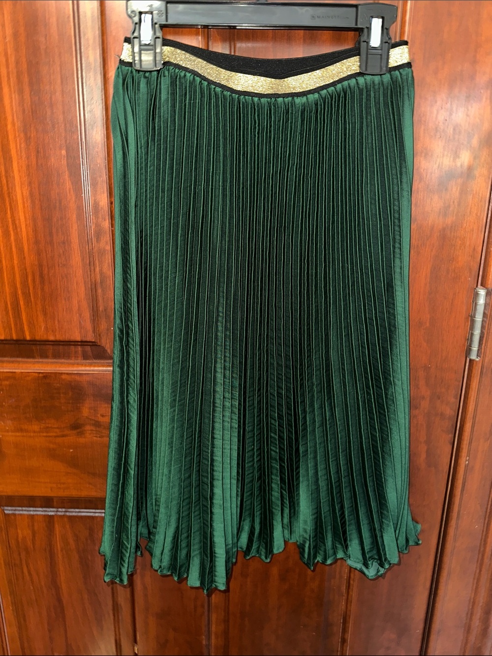 Bardot Forest Green Pleated Midi Skirt with Gold Trim Waistband